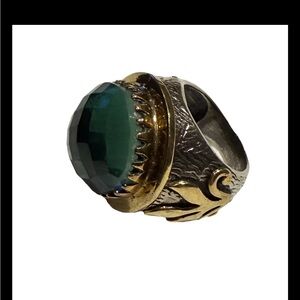 Vintage Silver & Brass Artisan Boho Ring Greenish Blue Topaz 14 Grams Size 6.5